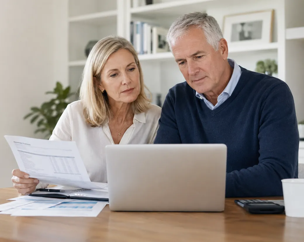 Couple at their kitchen table reviewing retirement papers together