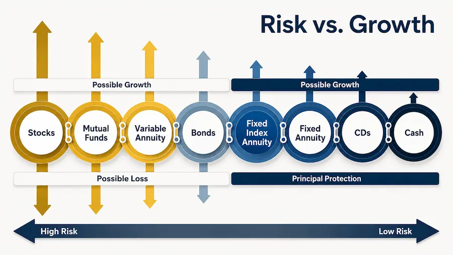 Risk versus growth spectrum comparing Stocks, Mutual Funds, Variable Annuities, and Bonds on the higher risk and growth side, against Fixed Index Annuities, Fixed Annuities, CDs, and Cash on the principal protection side