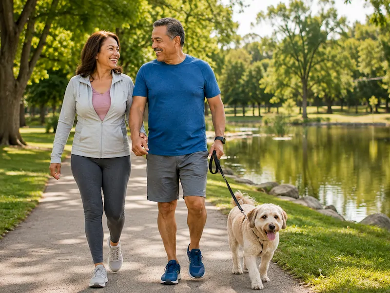 A couple in their sixties walking their dog together in a park, smiling.